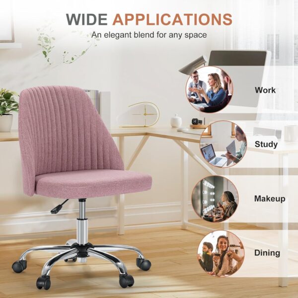 DUMOS Office Desk Chair, Modern Cute Rolling Vanity Swivel Task Chairs with Wheels, Comfortable Back Seat Armless for Home, Bedrooms, Office, Study, Student, Adults, Make-up, Dressing Room, Pink