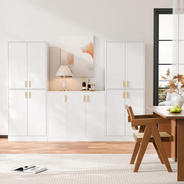 Cozy Castle Kitchen Pantry Cabinet, 71" Tall Wood Storage Cabinet with Doors and Shelves 4 Doors Freestanding Cupboard Utility Hutch for Dining Room Living Room Bathroom Furniture, White