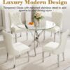 36" Round Glass Dining Table Set for 4, 5-Piece Modern Kitchen Table with 4 White Velvet Chairs, Modern Circle Leisure Table for Home Office Dining Room Small Spaces (Silver Leg)