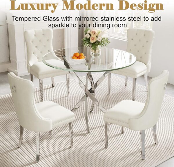 36" Round Glass Dining Table Set for 4, 5-Piece Modern Kitchen Table with 4 White Velvet Chairs, Modern Circle Leisure Table for Home Office Dining Room Small Spaces (Silver Leg)