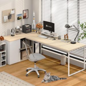 71" L Shaped Executive Desk, Executive Office Desk with File Cabinet and Power Outlet, Large Computer Table with Shelves, Business Furniture Workstation for Home Office (Oak & White)
