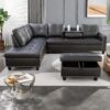 L Shaped Sectional Couches, Convertible Lounge Leather Couch with Reversible Cup Holder, Nail-Head Design Modern Modular Sectional Sofa for Living Room Furniture Sets, Black A