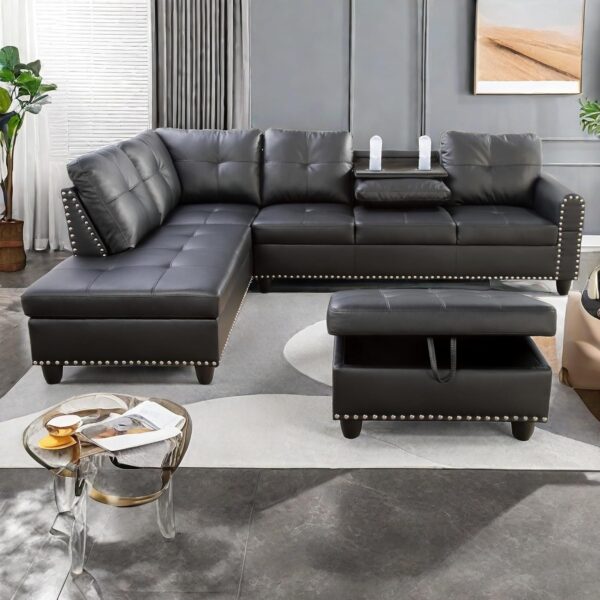L Shaped Sectional Couches, Convertible Lounge Leather Couch with Reversible Cup Holder, Nail-Head Design Modern Modular Sectional Sofa for Living Room Furniture Sets, Black A