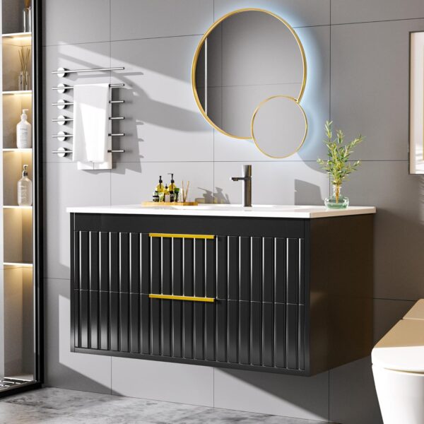 36" Bathroom Vanity with Sink, Floating Vanity Bathroom Sink Cabinet Wall Mount, Soft-Close Function 2 Large Drawers, Grooved Stripe Design, Hidden Damping Drawers, Black