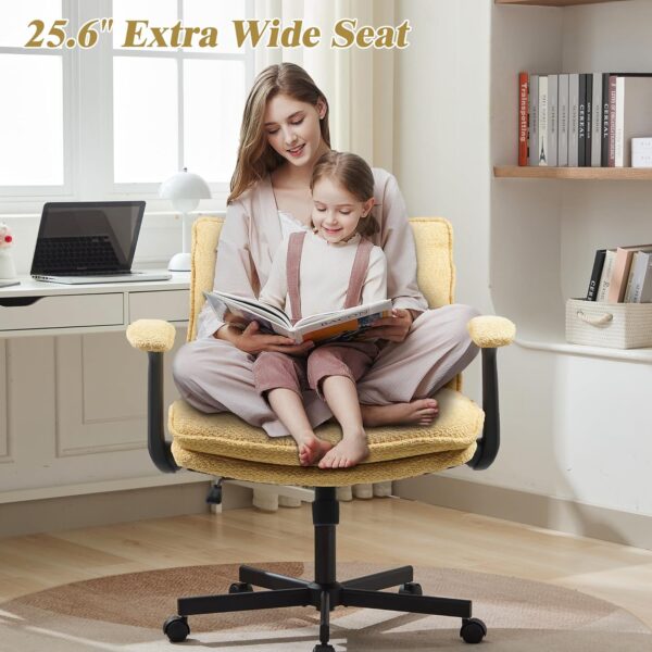 Criss Cross Legged Office Chair with Wheels and Flip-Up Arms, Upholstered Criss Cross Desk Chair, Wide Seat Chairs for Home Office, Vanity, Apartment, Yellow