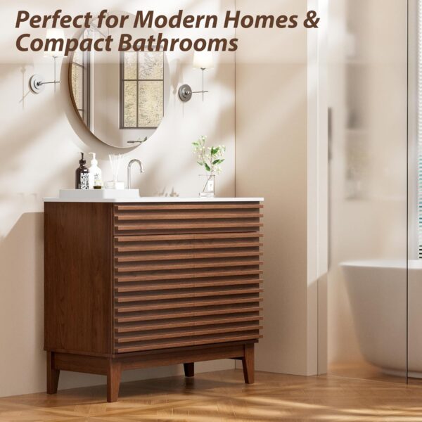 APRILSOUL 36" Bathroom Vanity with Ceramic Sink, Mid-Century Bathroom Vanity Cabinet with 2 Soft Closing Doors, Freestanding Bathroom Cabinet, Particleboard Frame with Wood Grain Laminate, Walnut