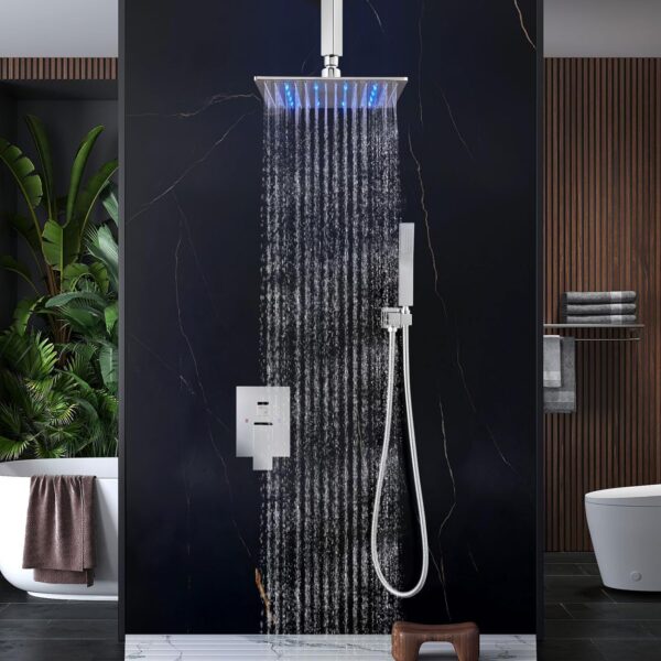 Aolemi Ceiling Mount Shower Faucet Set with Handheld Spray High Pressure Shower Faucets Sets Complete Rough-in Valve and Shower Trim Kit System Included Rainfall Polish Chrome 12 Inch LED Shower Head