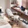 EMIAH Ergonomic Office Chair with Foot Rest Criss Cross Chair with Wheels Reclining Executive Office Chair Mid Back PU Leather Swivel Desk Chair Lumbar Support for Home Office (Beige)