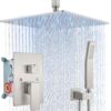 Aolemi Ceiling Mount Shower Faucet Set with Handheld Spray High Pressure Shower Faucets Sets Complete Rough-in Valve and Shower Trim Kit System Included Rainfall Brushed Nickel 16 Inch LED Shower Head
