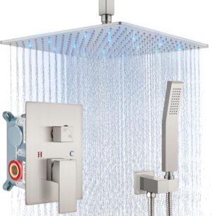 Aolemi Ceiling Mount Shower Faucet Set with Handheld Spray High Pressure Shower Faucets Sets Complete Rough-in Valve and Shower Trim Kit System Included Rainfall Brushed Nickel 16 Inch LED Shower Head