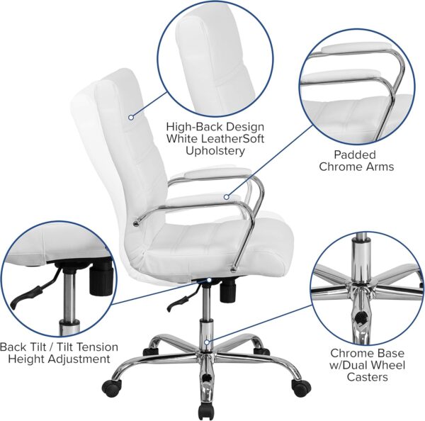 Flash Furniture Whitney High-Back Swivel LeatherSoft Desk Chair with Padded Seat and Armrests, Adjustable Height Padded Office Chair, White/Chrome