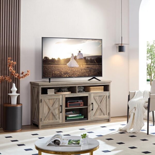 58" W Barn Door TV Stand, Farmhouse Entertainment Center for TV Up to 65", Entertainment Console Table with Open and Closed Storage Space for Living Room