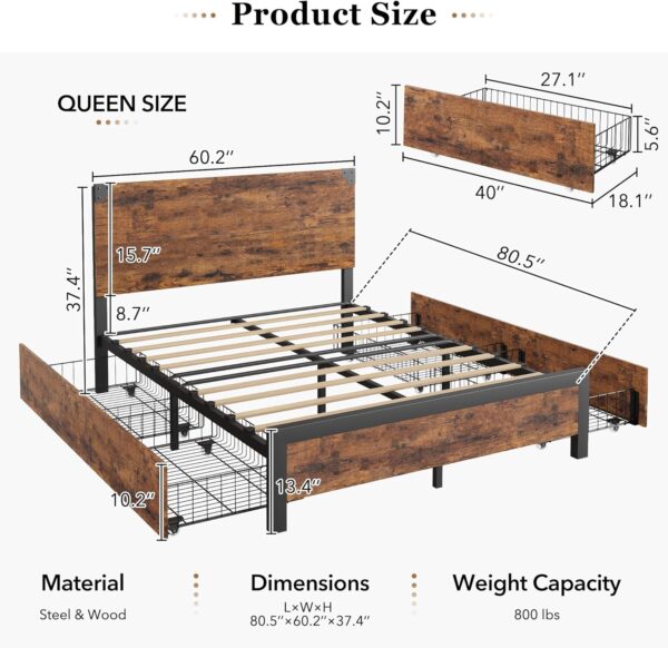 Queen Bed Frame with 4 Storage Drawers and Heavy Duty, Strong Metal Support Bed Frame with Wooden Headboard, No Box Spring Needed, Easy Assembly, Vintage Brown