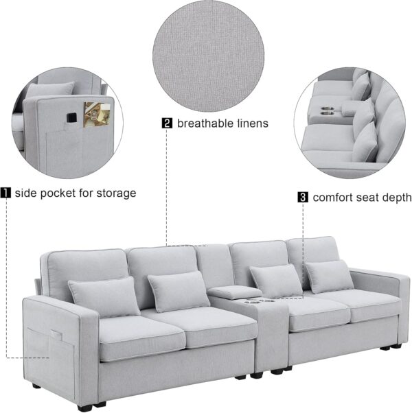 114.2" Upholstered Sofa with Storageable Coffee Table and 2 Cupholders, 2 USB Ports Wired or Wirelessly Charged, Modern Linen Fabric Couches for Living Room, Apartment (4-Seat)