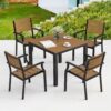 HDPS Patio Table and Chairs Set, 5 Piece Square Table Patio Furniture Set, HDPS All-Weather Material Outdoor Dining Table and Chair,Outdoor Furniture Set with Umbrella Hole, Brown-Oil Printed
