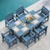 81rMYfCIzbL._AC_SL1500_.jpg SERWALL 7-Piece Patio Dining Table Sets, Outdoor HDPE Dining Furniture Set with Umbrella Hole Cut-Out Table and 6 Chairs, Blue