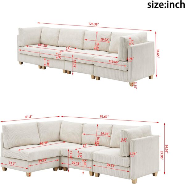 126.4" Oversized Reversible Modular Sectional Sofa with Deep Seat , 4 Seat Modern Corduroy Convertible L Shaped Corner Couch DIY Combination Lounge Sofabed w/ Waist Pillows for Living Room Office