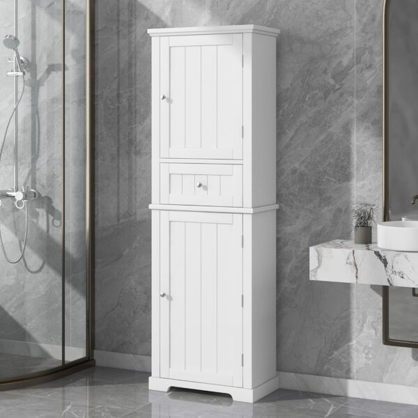 67.3“ Tall Linen Bathroom Storage Cabinet, Modern Linen Cabinet Freestanding with 2 Doors and 1 Drawer, Bathroom Organizers Storage, Shelves for Bathroom, Living Room, Anti-Tipping (White)