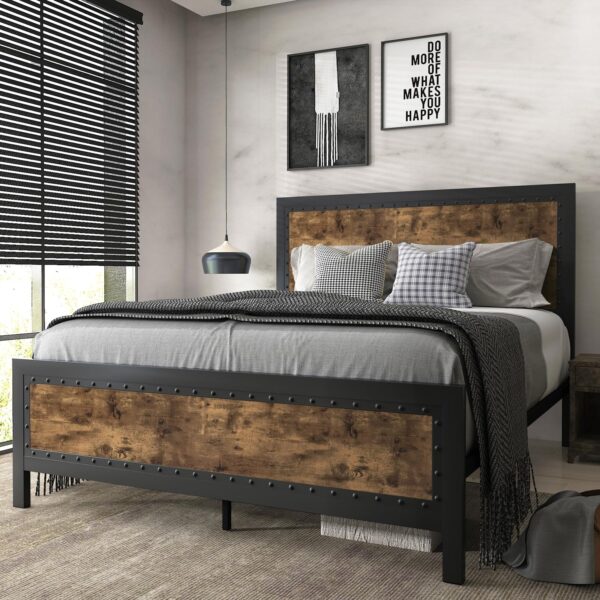 SHA CERLIN Grey Metal Bed Frame Queen, Industrial Wooden Platform Base with Rivet Headboard and Footboard, No Box Spring Needed