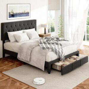 Queen Size Bed Frame with Storage, Queen Bed Frame with Headboard Adjustable, Upholstered Platform Bed Frame with Drawers, Mattress Foundation with Wooden Slats Support, No Box Spring Needed, Grey