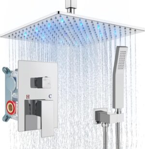Aolemi Ceiling Mount Shower Faucet Set with Handheld Spray High Pressure Shower Faucets Sets Complete Rough-in Valve and Shower Trim Kit System Included Rainfall Polish Chrome 12 Inch LED Shower Head