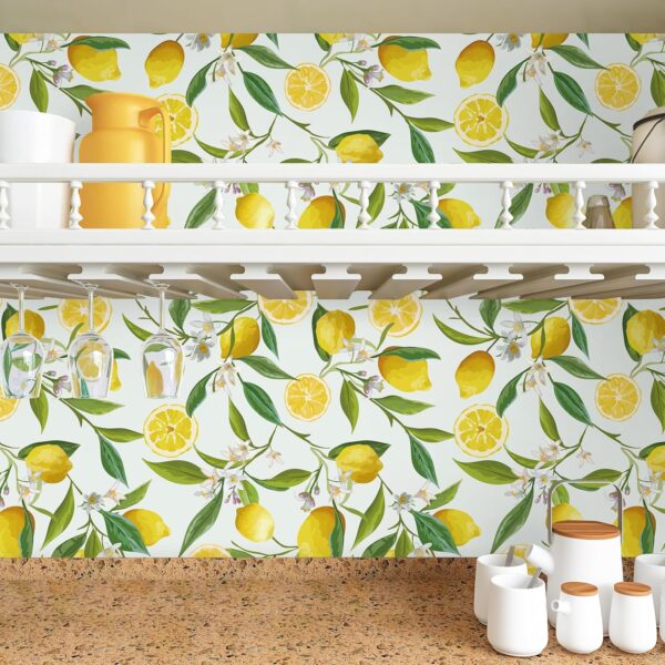 VEELIKE Lemon Peel and Stick Wallpaper Floral 17.7''x118'' Removable Self Adhesive Decorative Fresh Citrus Leaf Prints Floral Wallpaper Vinyl for Nursery Bedroom Kitchen Walls Cabinets Shelf Liners