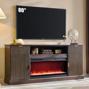 Fluted Fireplace TV Stand for TVs Up to 80 inch, Modern Entertainment Center with 36" Electric Fireplace, Wood Media Console w/Drawers and Adjustable Shelves for Living Room, Brown