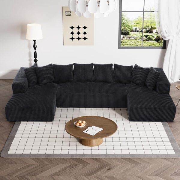 131" Modular Sectional Couch, Luxury Black Sectional Couches for Living Room, Comfy Corduroy Couch Sofa with Chaise Lounge, Free Combination Sleeper Sofa with Memory Foam, Black