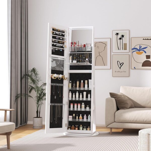 LED Mirror Jewelry Cabinet Standing, Jewelry Armoire with Full-Length Mirror and Adjustable LED Lights, 360° Swivel Jewelry Organizer Storage, White