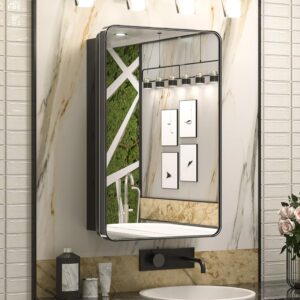 Keonjinn 20 x 32 Inch Black Mirrored Medicine Cabinet, Recessed Medicine Cabinets for Bathroom, Gloss Black Stainless Steel Framed, Adjustable Shelves, In Wall or Surface Mount, Sturdy & Heavy, Modern