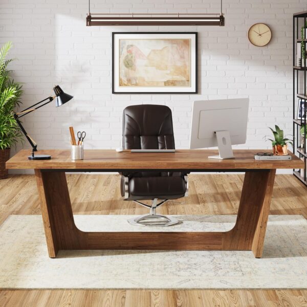 Tribesigns 70.87-Inch Executive Computer Desk: Large Home Office Desk with Solid Wooden Pedestal, Industrial Wood Study Writing Table, Workstation Business Furniture, Walnut