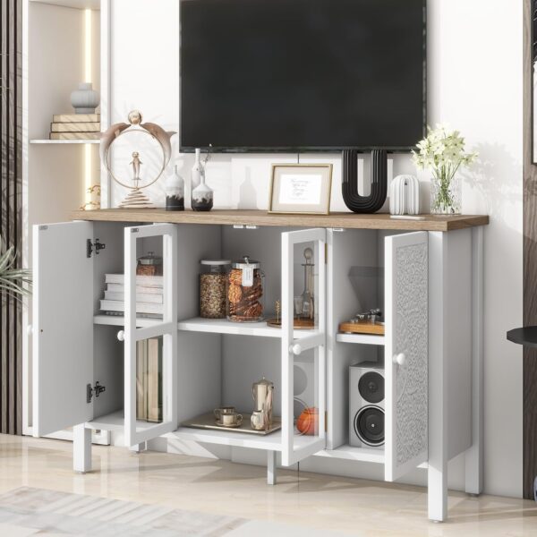 47.2'' Retro TV Stand for TVs up to 43 Inches, Entertainment Center Media Console Cabinet with 3 Spacious Cabinets, Glass Cabinet Doors and Anti-tip Device for Living Room, White