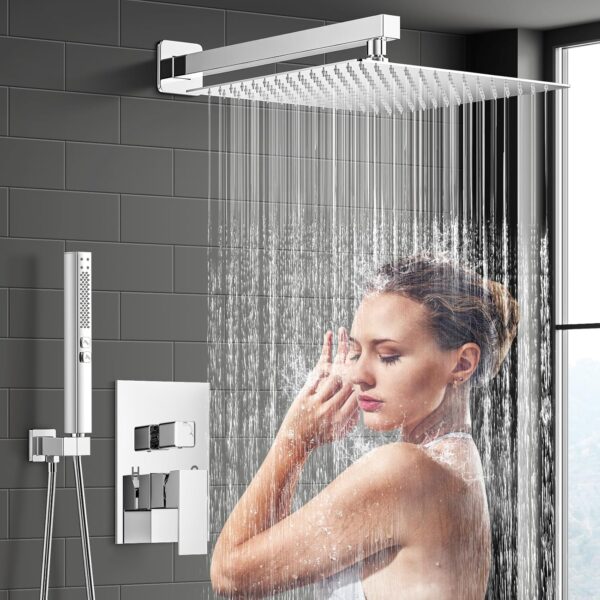 Shower Faucet Set, 12 Inch Polished Chrome Shower System, Wall Mounted Rain Shower Head with 2 in 1 Handheld Spray, Modern Square Shower Head Rainfall Shower Head System, Shower Valve Trim Kit