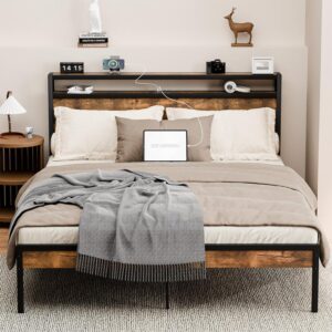 Queen Bed Frame with Charging Station, Queen Size Platform Bed Frame with Storage Shelf Headboard, Wood & Metal Queen-Size Bedframe, Noise-Free Base Foundation, No Box Spring Needed, Brown