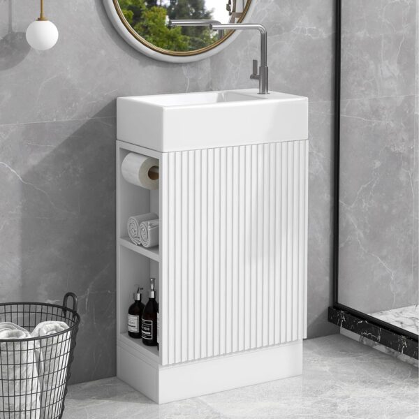 18.6" Small Bathroom Vanity with Sink - Bathroom Cabinet with Two-Tier Shelf, Toilet Paper Holder and Soft Closing Door