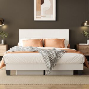 Miscoos Queen Size Platform Bed Frame with Upholstered Headboard and Metal Support – Sturdy, Noise-Free, No Box Spring Needed, Easy Assembly, Storage Space