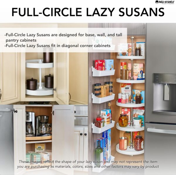 Rev-A-Shelf 2 Tier Full-Circle Lazy Susan for Corner Wall Cabinets Plastic 20" Double Shelf Swivel Kitchen Spice/Can Organizer, White, 3072-20-11-52