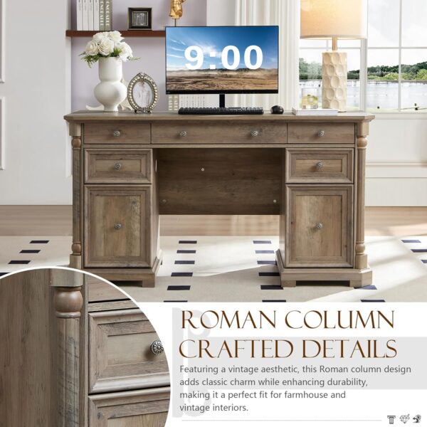 Yechen 55'' Wood Executive Desk with 7 Drawers - Farmhouse Home Office Desks with Power Outlet, Wooden Computer Desk with Roman Columns, Rustic Writing Table for Work & Study, Weathered Reclaimed Oak