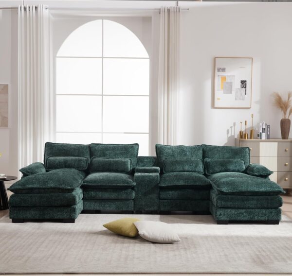 U Shaped Sectional Sofa, 124.8" Green Cloud Couch for Living Room, Fluffy Modern Modular Couch with Storage, Comfy Lounge Sofas for Office, Apartment