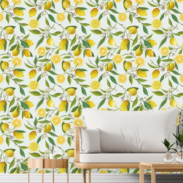 VEELIKE Lemon Peel and Stick Wallpaper Floral 17.7''x118'' Removable Self Adhesive Decorative Fresh Citrus Leaf Prints Floral Wallpaper Vinyl for Nursery Bedroom Kitchen Walls Cabinets Shelf Liners