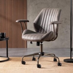 ovios Mid-Century Modern Home Office Chair, Suede Faux Leather Swivel Rolling Task Chairs with Padded Armrests, Comfy Mid-Back Computer Ergonomic Executive Armchair, Dark Grey