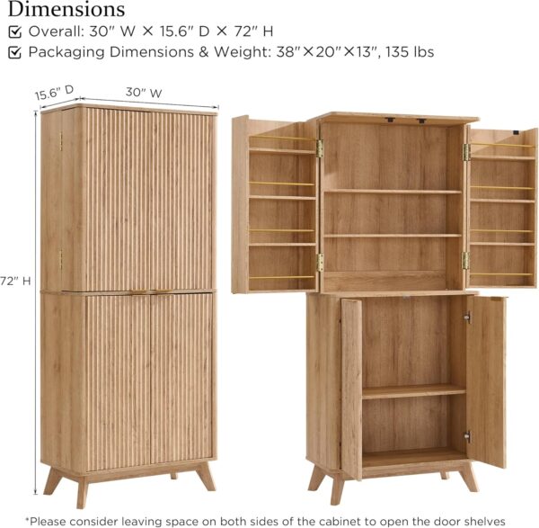 T4TREAM 72" Tall Fluted Pantry Storage Cabinet with Adjustable Shelves & Door Racks, Curved Profile Design, Spacious Dual-Zone Wood Organizer for Kitchen, Living Room, Natural Oak