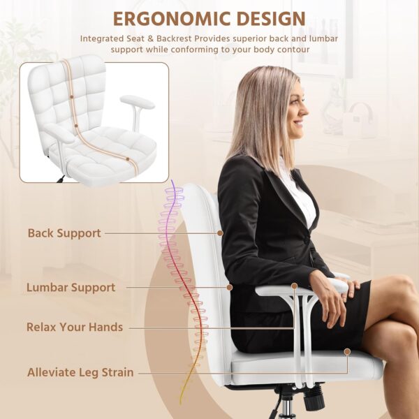 Yaheetech Mid Back Faux Leather Desk Office Chair Modern Upholstered Adjustable Tilting Vanity Chair with Detachable Padded Armrests for Home/Office,White