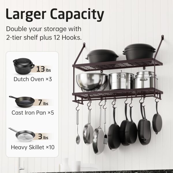 KES 30-Inch Oiled Bronze Pot Rack Wall Mounted, 2-Tier Hanging Pot and Pan Organizer with 12 Sturdy Hooks, Kitchen Wall Hanger Shelves Farmhouse Style, KUR215S75B-OB