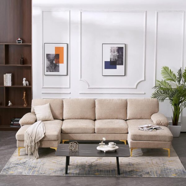 Karl home Convertible Sectional Sofa 110" U-Shape Sofa Couch 4-Seat Couch with Chaise ChenilleFabric Upholstered for Living Room, Apartment, Office, Camel