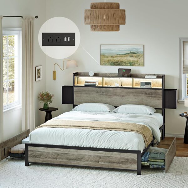 Queen Bed Frame with Bookcase Headboard and 2 Drawers LED Lights Metal Platform Non-Slip Without Noise Strong Metal Slats Support No Box Spring Needed (Greige, Queen)