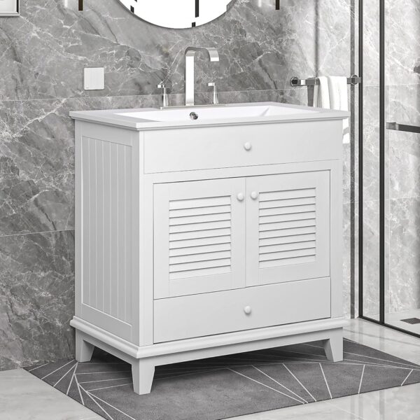 30" Bathroom Cabinet Vanities with Sink Set Combo, Storage Cabinet with Doors and Drawer, Solid Wood, Modern Style, White