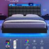 VASAGLE Queen Size Floating Bed Frame with LED Lights, Queen Bed Frame with Charging Station, Tufted Storage Headboard, Upholstered Platform Bed Frame, No Box Spring Needed, Dark Gray URMB851G71