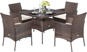 Tangkula 5 Pieces Wicker Patio Dining Set, Outdoor PE Rattan Chairs Table Set with 4 Seat Cushions, Patio Dining Furniture with Tempered Glass Tabletop, Suitable for Porch, Yard
