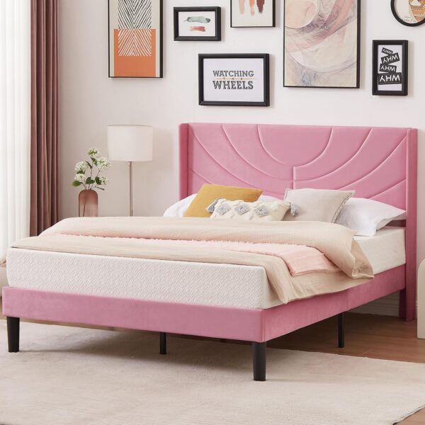 VECELO Upholstered Platform Queen Bed Frame with Fabric Headboard,Wooden Slats Support/No Box Spring Needed/Mattress Foundation,Pink